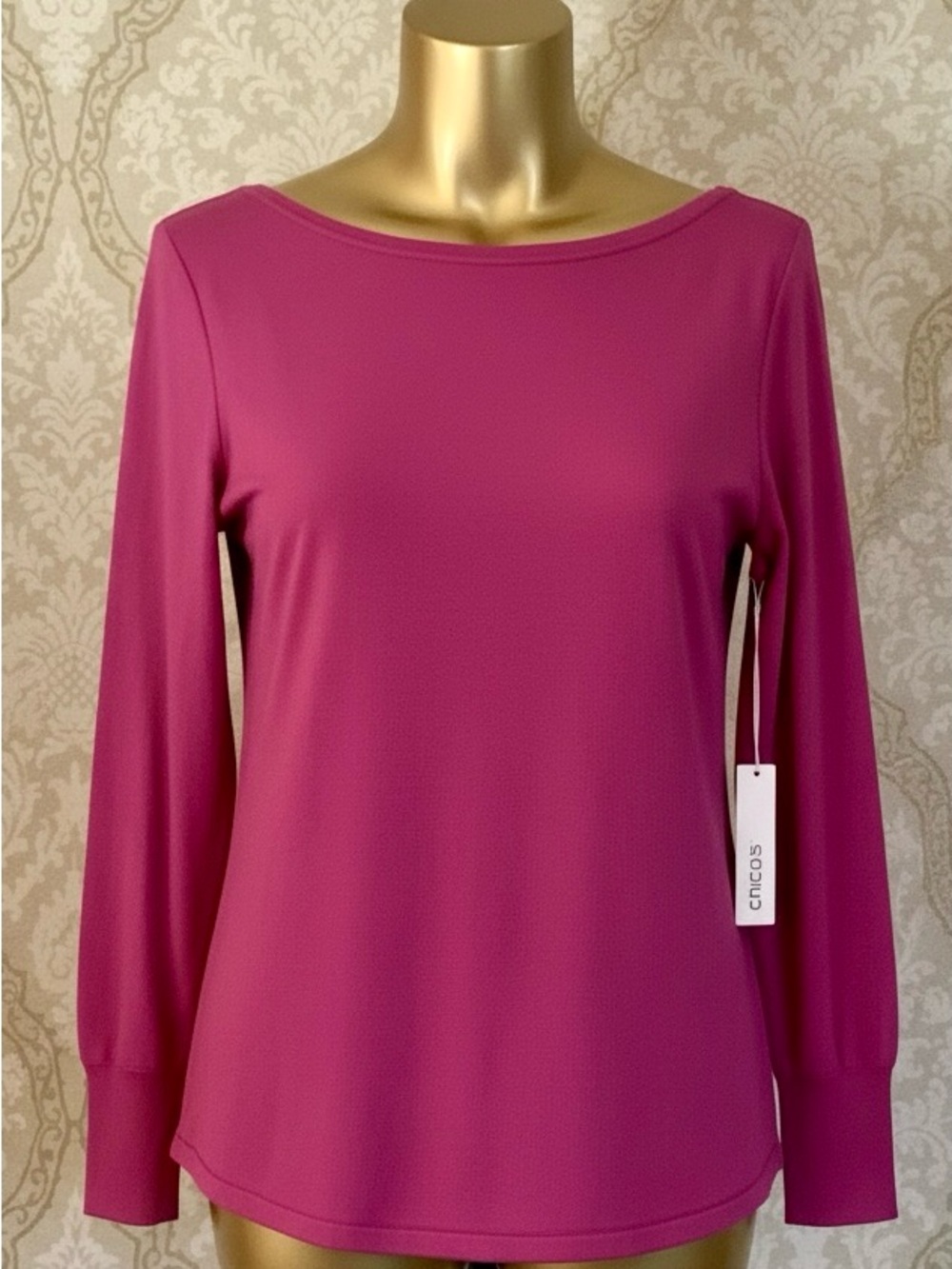 Chico's Women's Long-Sleeve Scoop Neck Caviar Bead Trim Top NWT